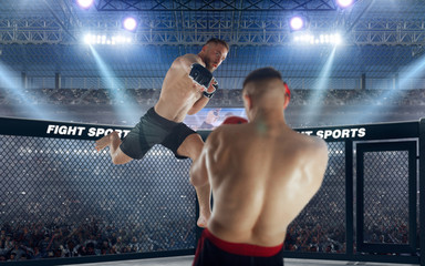 MMA fighters on professional ring. Fighting Championship.