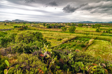 Extensive rural landscape with meadows, hedges and orchard (Ogliastra region, east Sardinia, Italy)) during stormy weather.