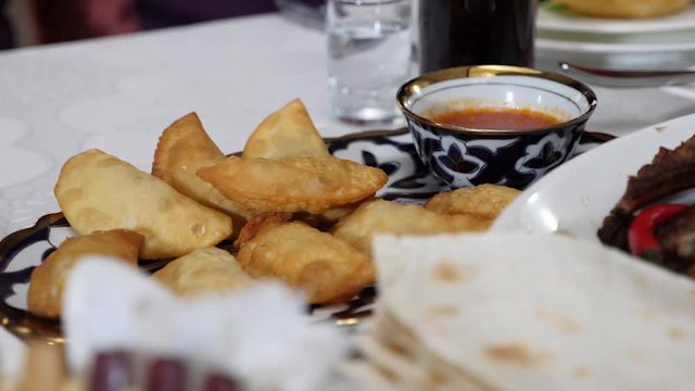 russian homemade pie on the table in restaurant