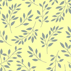  Naadloze bloemmotief van de takken. Vector illustratie. Achtergrondtakken met grijze bladeren op gele achtergrond. © Tatiana 