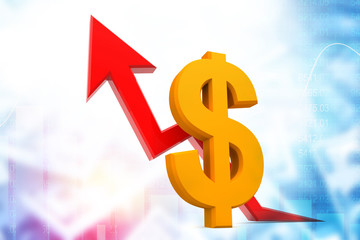 Arrow graph showing dollar growth. 3d illustration.