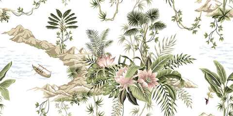 Obraz premium Tropical vintage botanical island, palm tree, mountain, sea wave,boat, palm leaves, liana, lotus flower summer floral seamless pattern white background.Exotic jungle wallpaper.