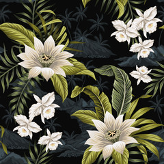 Tropical vintage night white orchid lotus flower, palm leaves floral, island landscape seamless pattern black background. Exotic jungle wallpaper.