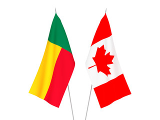 National fabric flags of Benin and Canada isolated on white background. 3d rendering illustration.
