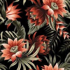 Fotobehang Vintage bloemen Tropische vintage rode lotusbloem, palmbladeren naadloze bloemmotief zwarte achtergrond. Exotisch junglebehang.
