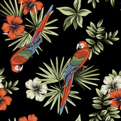 Tropical vintage red white hibiscus flower, palm leaves, macaw parrot floral seamless pattern black background. Exotic jungle wallpaper.