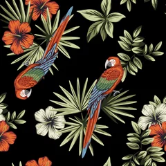 Wall murals Parrot Tropical vintage red white hibiscus flower, palm leaves, macaw parrot floral seamless pattern black background. Exotic jungle wallpaper.
