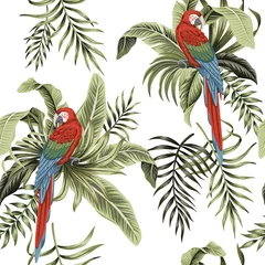 Tapeten Papagei Tropischer Vintage-Ara-Papagei, Palmblätter, Bananenblätter, floraler, nahtloser Musterweißhintergrund. Exotische Dschungeltapete.