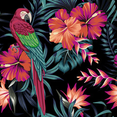 Tropical vintage macaw parrot, hibiscus strelitzia flower, palm leaves floral seamless pattern black background. Exotic jungle wallpaper.