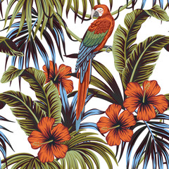  Tropical vintage palm leaves, banana leaves, hibiscus flower, macaw parrot, floral seamless pattern white background. Exotic jungle wallpaper. © good_mood