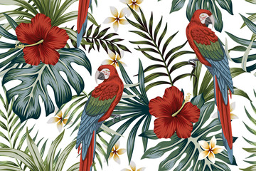 Tropical vintage macaw parrot, hibiscus flower, palm leaves floral seamless pattern white background. Exotic jungle wallpaper.