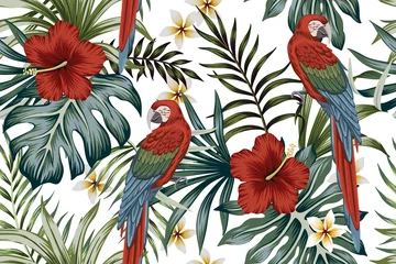 Wall murals Parrot Tropical vintage macaw parrot, hibiscus flower, palm leaves floral seamless pattern white background. Exotic jungle wallpaper.
