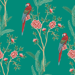 Vintage garden rose tree, plant, macaw parrot floral seamless pattern turquoise background. Exotic chinoiserie wallpaper.