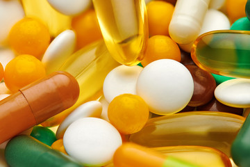 Background from set of pills, tablets, vitamins, drugs, omega 3 fish oil, gel capsules, medicament...