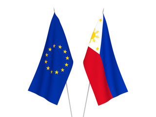 National fabric flags of European Union and Philippines isolated on white background. 3d rendering illustration.