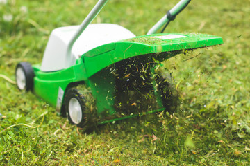 A process of lawn mowing, concept of mowing the lawn, lawnmower cutting grass with gardening tools and green grass around