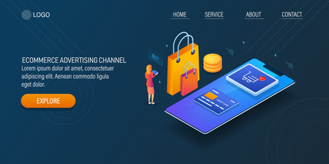 Online shopping via mobile phone, ecommerce, internet business, customer buying, e-payment transaction, isometric design concept. Web banner isometric template.