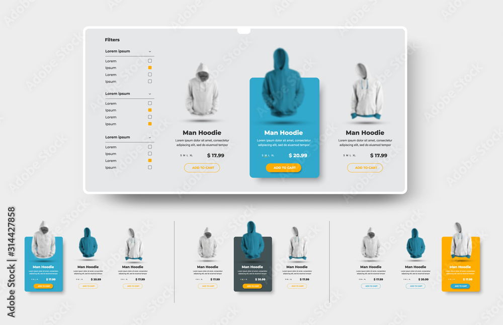 Poster Vector UI set of product cards for the online store and e-commerce with button and price tag.