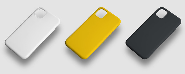 Set of 3 covers for the smartphone, yellow, white and black, for the presentation of design.