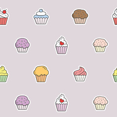 Cupcake background - Vector color seamless pattern of sweet, dessert, muffin, cake and snack for graphic design