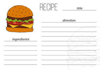 Vector simple recipe card template with fast food illustration in cartoon style.