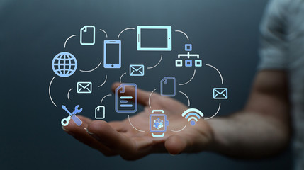 cloud connected to many objects on a virtual screen.