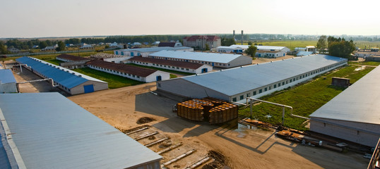 Industrial agricultural complex, top view at evevning