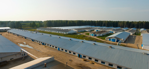 Industrial agricultural complex, top view at evevning