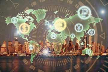 Financial graph on night city scape with tall buildings background double exposure. Analysis concept.