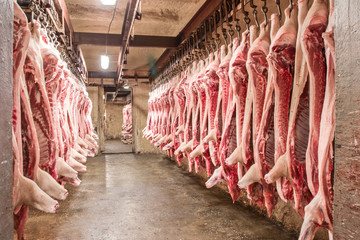 A lot of chopped fresh raw pork meat hanging and arrange and processing deposit in a refrigerator,...