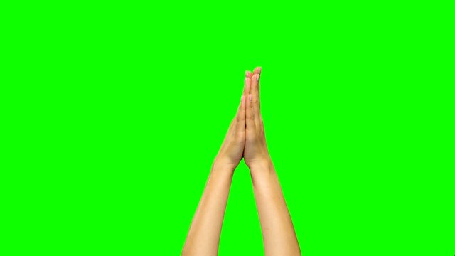 Hands appearing from bottom of green screen, clapping. Close up.