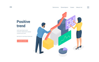 People working with rising statistic data isometric vector illustration.