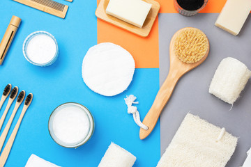 Creative layour of zero waste eco friendly personal care products wooden brushes, bamboo...