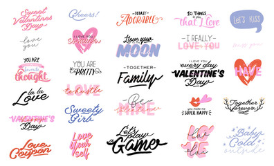 Beautiful love print with Valentines day elements. Romantic and cute elements and lovely typography. Vector hand drawn illustrations and lettering. Good for wedding, scrapbook, logo, t shirt design.