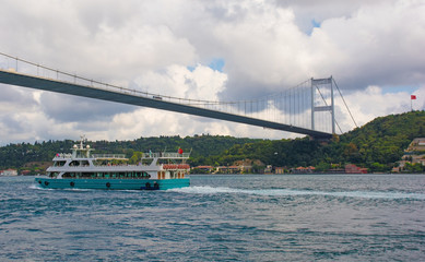 The Fatih Sultan Mehmet Koprusu Bridge in Istanbul, Turkey. This suspension bridge connects Hisarustu in Europe with Kavacik in Asian. Taken from Rumeli Hisari.