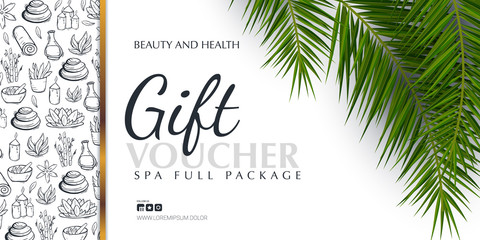 Spa or Beauty saloon Gift voucher with palm leaves and hand draw doodle background.