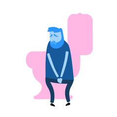Man wanting to pee. Guy pressing hands against his stomach as if in pain. Cartoon design icon. Flat vector illustration. Isolated on white background.