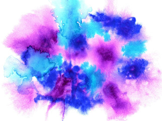 Abstract watercolor bright colorful hand-drawn background. Blurry, spreading turquoise, blue, violet spots of paint, blots. Stock illustration.