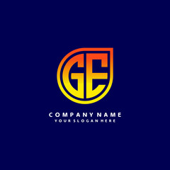 letter GE orange abstract logo, with a blue background