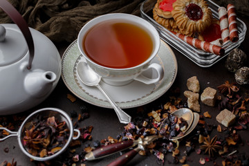 Tea in a cup on an old background