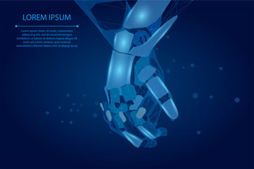 Abstract mash line and point human and robot hands together. Future technological business. Low poly artificial intelligence vector illustration