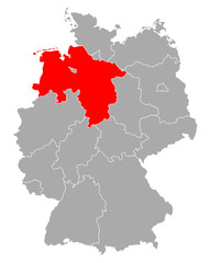 Fototapeta na wymiar Karte von Niedersachsen in Deutschland