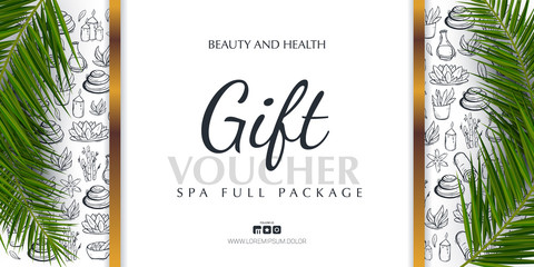 Spa or Beauty saloon Gift voucher with palm leaves and hand draw doodle background.