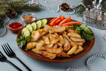 Baked potatoes served with tomatoes, cucumbers and parsley on a plate, Horizontal orientation, Closeup