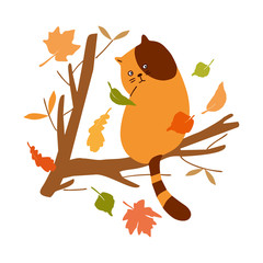 Cartoon cat sleeping on a branch. Autumn foliage. Sticker.