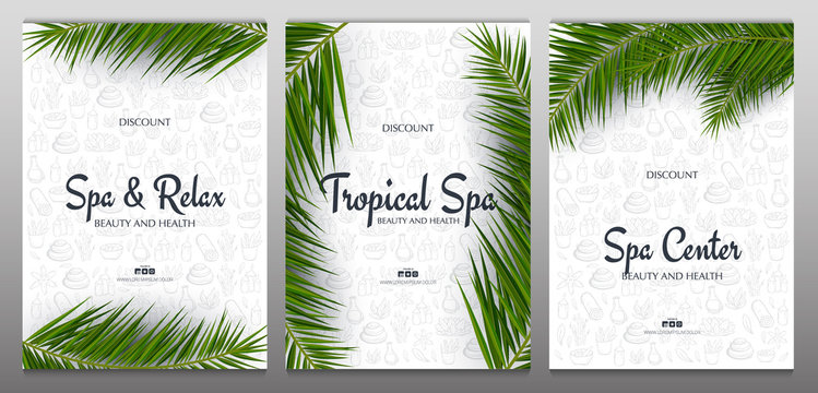 Set of Spa and Relax banners with palm leaves and hand draw doodle background.