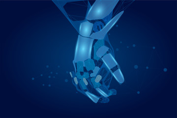 Abstract mash line and point human and robot hands together. Future technological business. Low poly artificial intelligence illustration