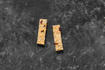 Anti-age snacking, healthy food. Snak products with anti-aging ingridients. Whole-cereal fitness bar