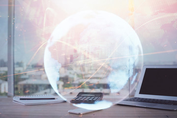 Multi exposure of business theme icons and work space with computer background. Concept of success.