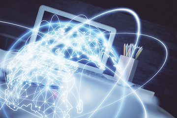 Multi exposure of business theme icons and work space with computer background. Concept of success.